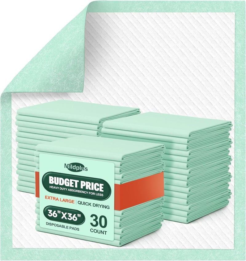 MILDPLUS Disposable Bed Pads 36'' X 36'' Heavy Duty Underpads Extra Large Incontinence Pads for Unisex Adult, Senior, Kids and Pet (30 Count) - Image 1